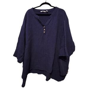 Isaac Mizrahi Bridgehampton Gauze Henley Shirt Womens Plus 3X Navy 100% Cotton